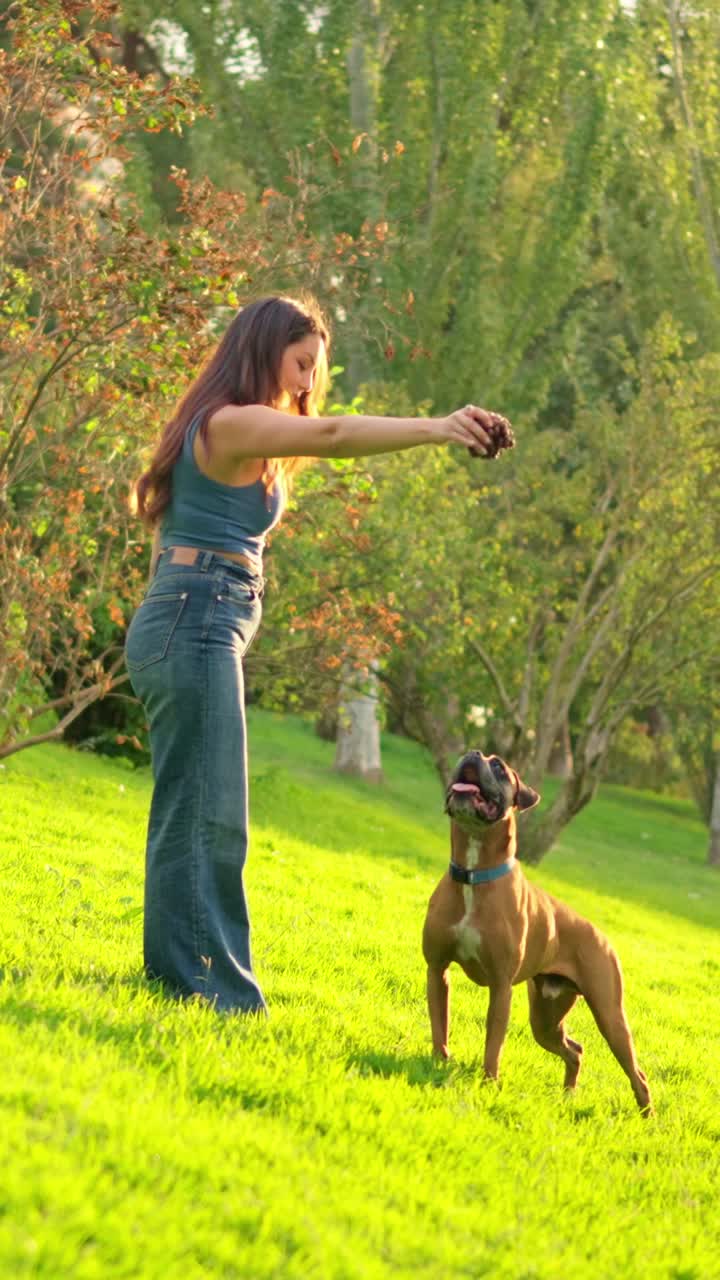 Donna che gioca con il suo cane boxer in un parco soleggiato