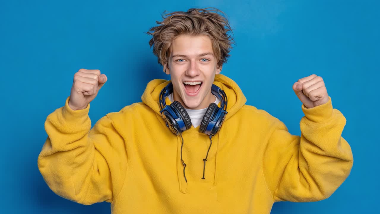 A Cheerful Young Man with Headphones in a Bright Yellow Hoodie Celebrates Excitement Against a Vibrant Blue Background, Displaying Joy and Enthusiasm