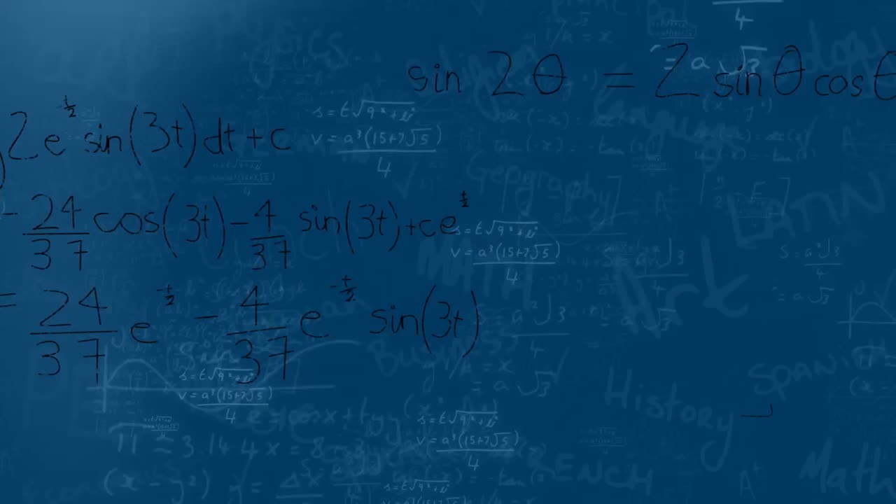 Animation of light spots over mathematical equations floating against blue background
