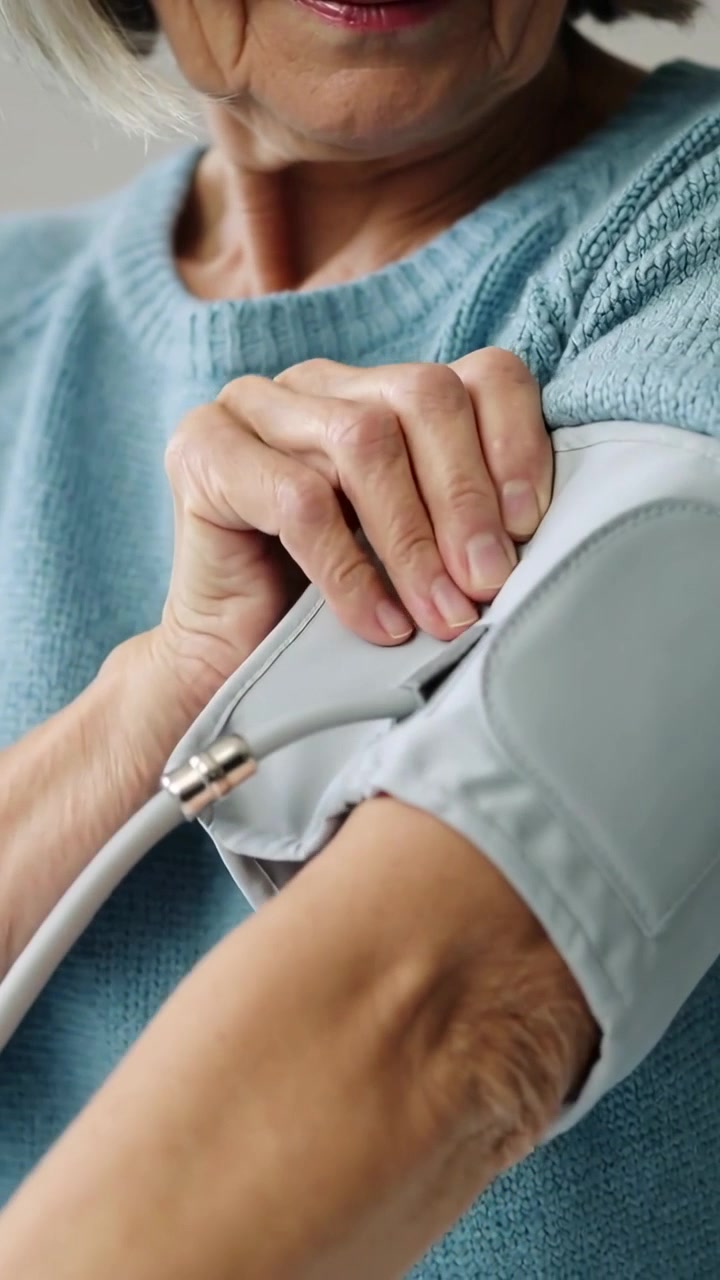 Video verticale: Anziano con maglione blu che si prepara a misurare la pressione sanguigna, sistemando il bracciale grigio a casa.