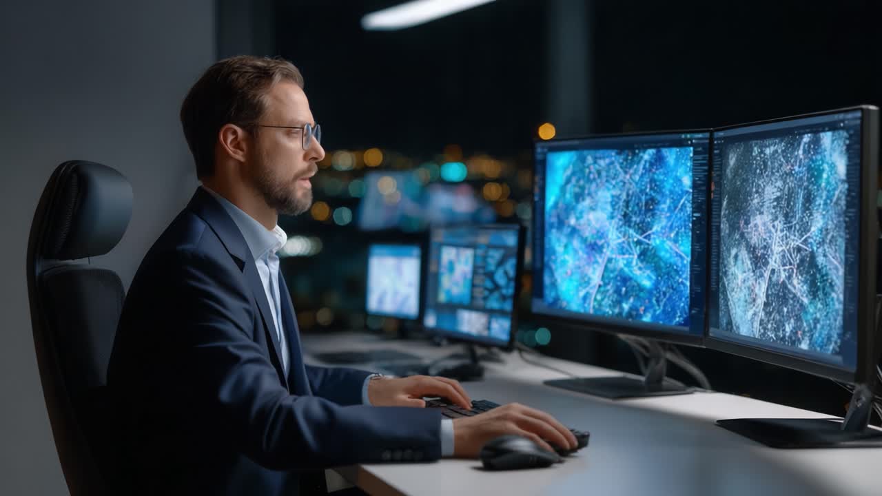 A Focused Individual Analyzing Complex Data on Multiple Monitors During Nighttime in a Modern Office Setting, Surrounded by City Lights