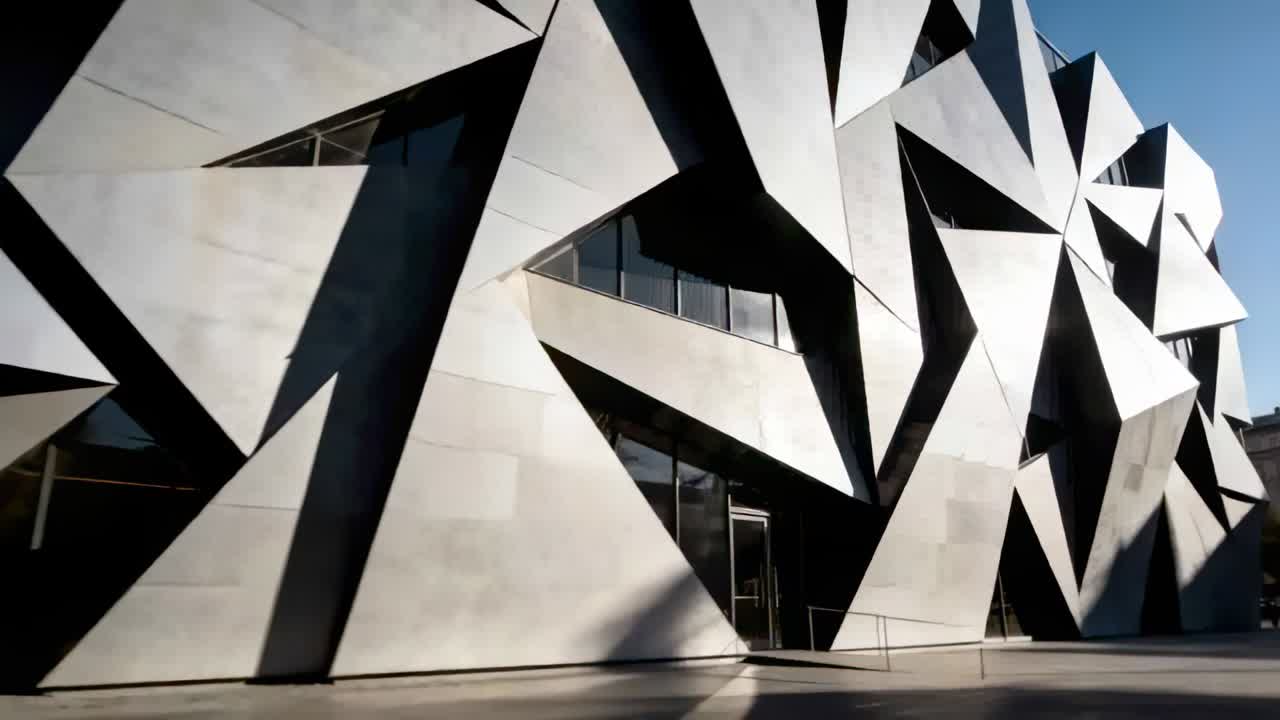 Zu Beginn fährt die Kamera vor und erfasst eine eckige Metallfassade mit einer zurückgesetzten Tür und einem Handlauf auf einem Platz.