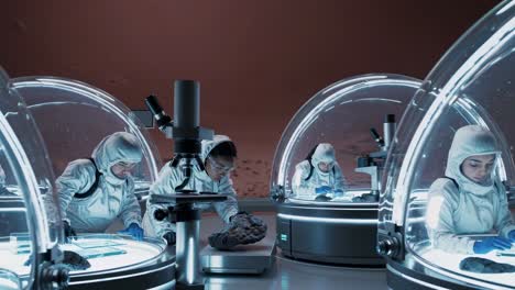scientists analyze martian rock sample in a space lab
