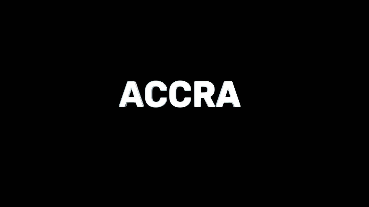 Una rivelazione fluida e di alta qualità di testo 3D argentato della capitale "ACCRA"