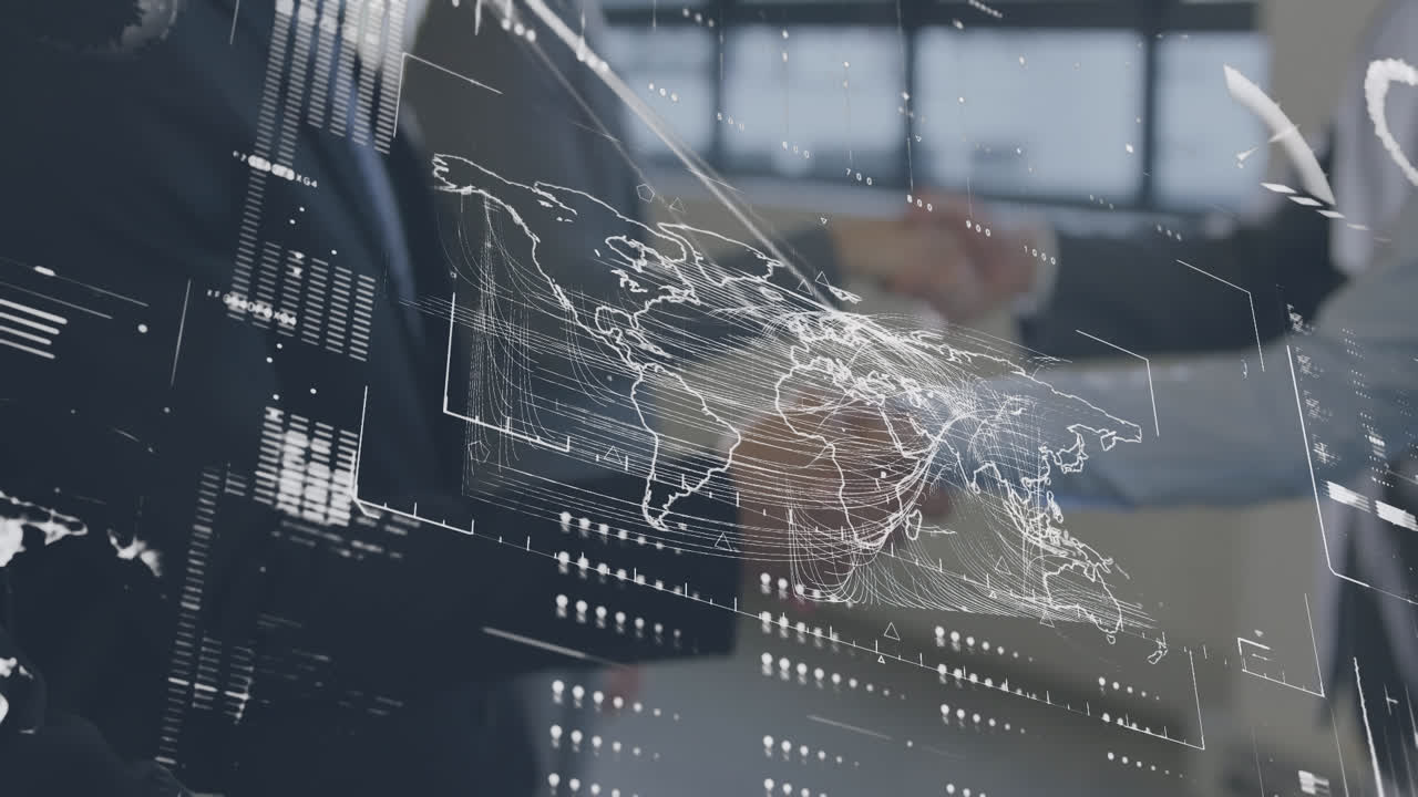 Animation of financial data processing over diverse business people shaking hands