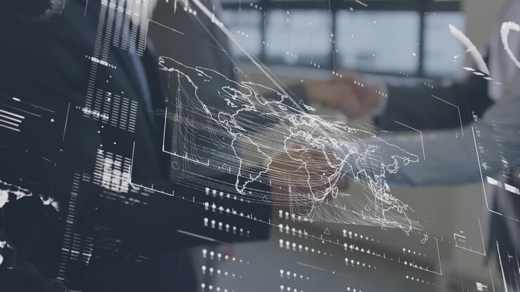 Animation of financial data processing over diverse business people shaking hands