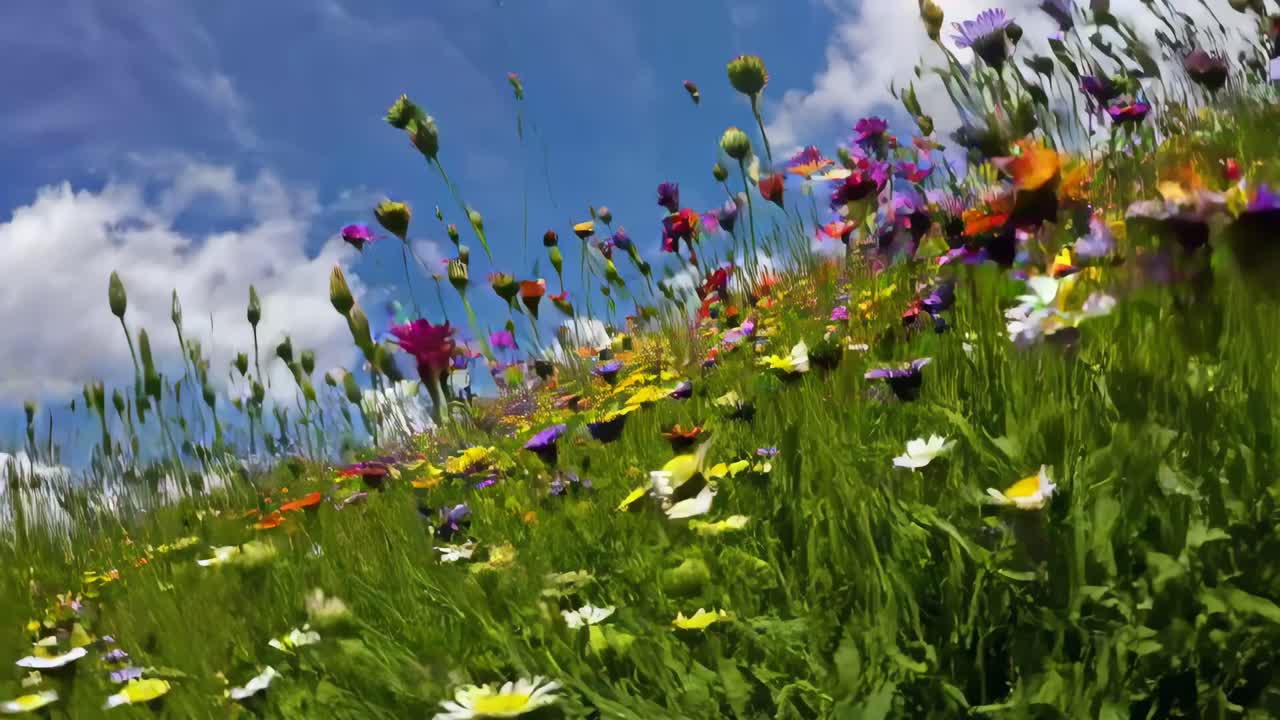 Vibrant wildflowers in a meadow captured from a low-angle, giving a dynamic, immersive video feel