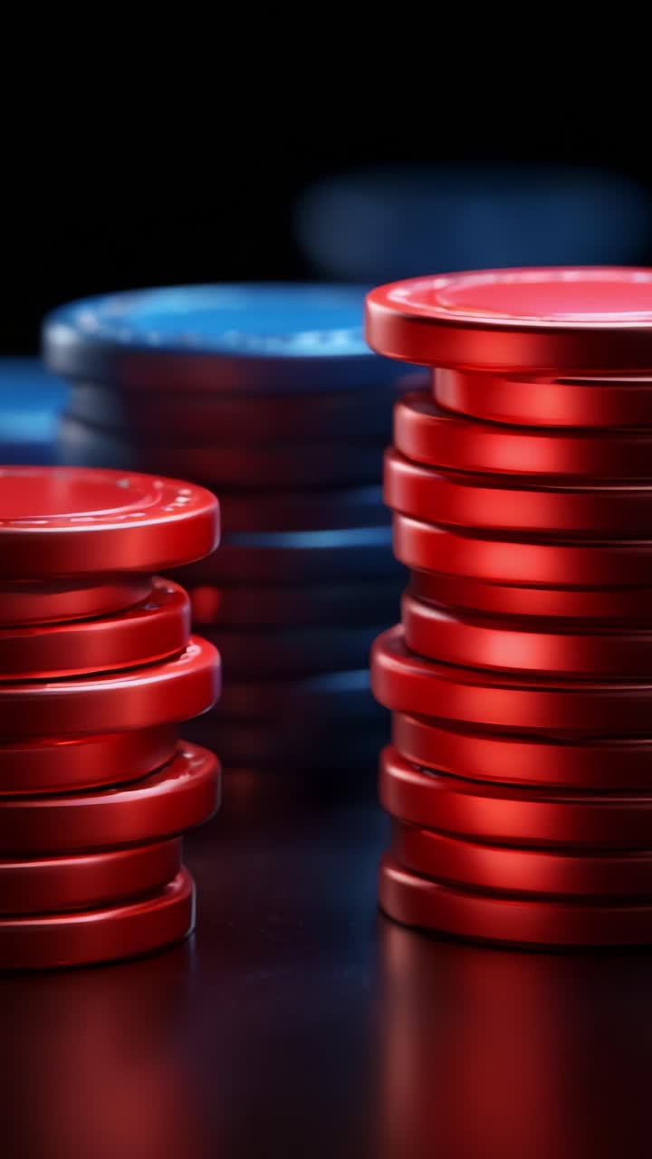 Stacks of Colorful Casino Chips: A Varied Array of Blue and Red Gaming Tokens on a Sleek Table Surface Capturing the Essence of Gambling Excitement