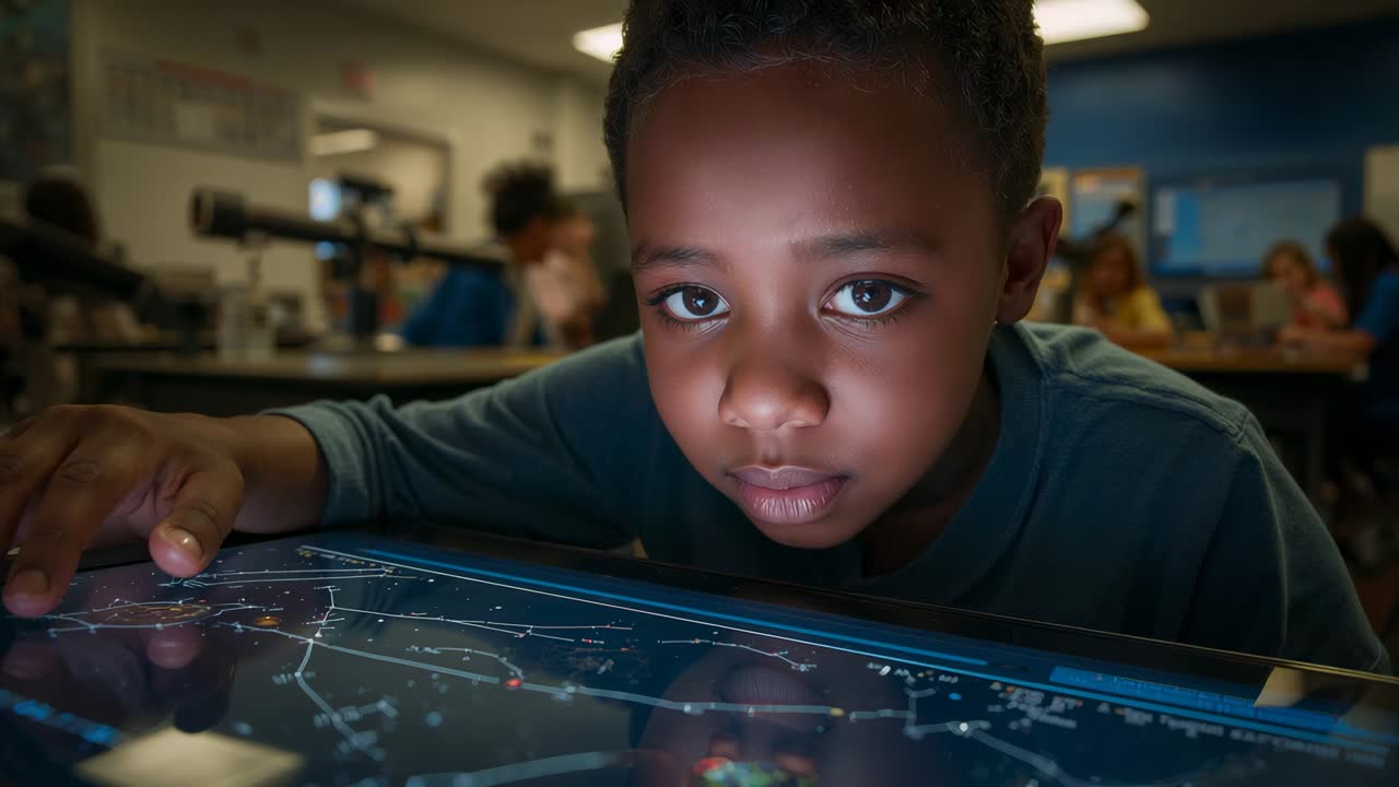 Dreng i turkis bluse læner sig og trykker på en touchscreen i et laboratorium, efter skærmen lyser op og udforsker et stjernekort