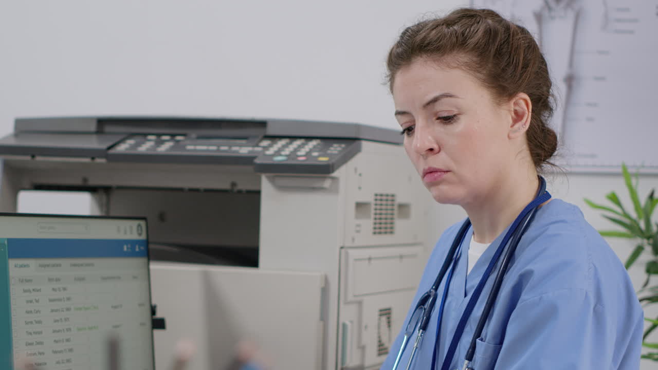 Infermiera che lavora al computer in uno studio medico