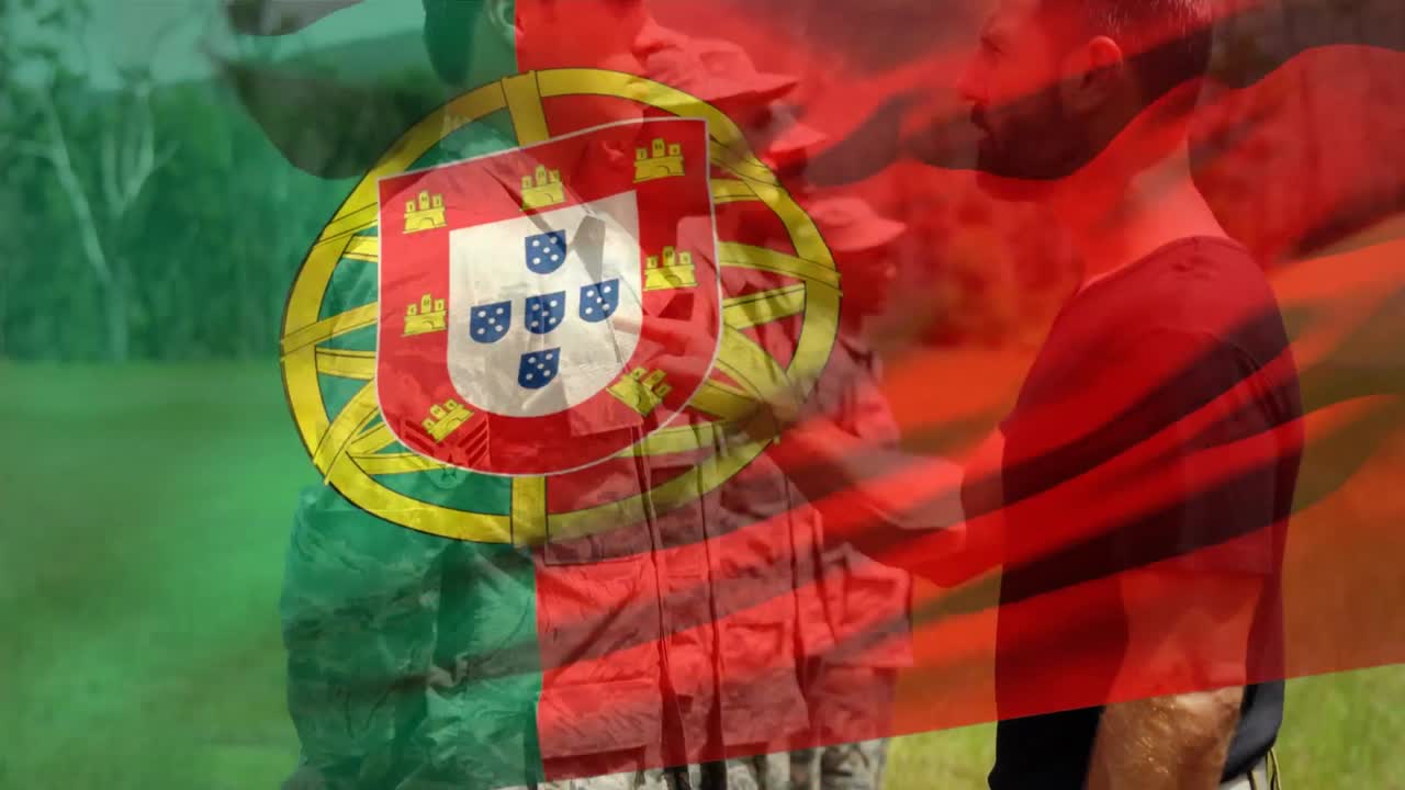 Animação da bandeira de Portugal sobre soldados masculinos diversos