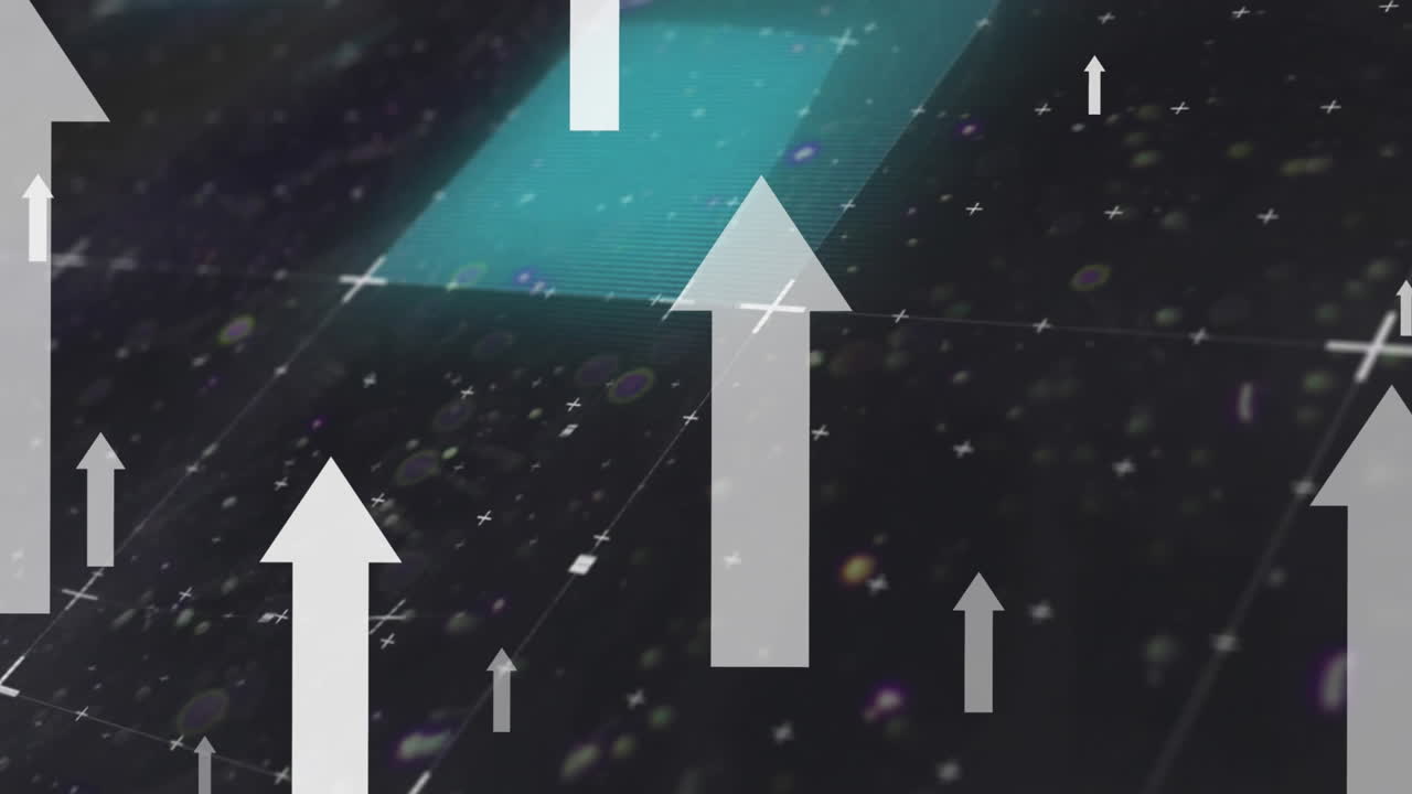 블랙 배경에 서클과 사각형이 있는 글리치 기법과 여러 화살표의 애니메이션