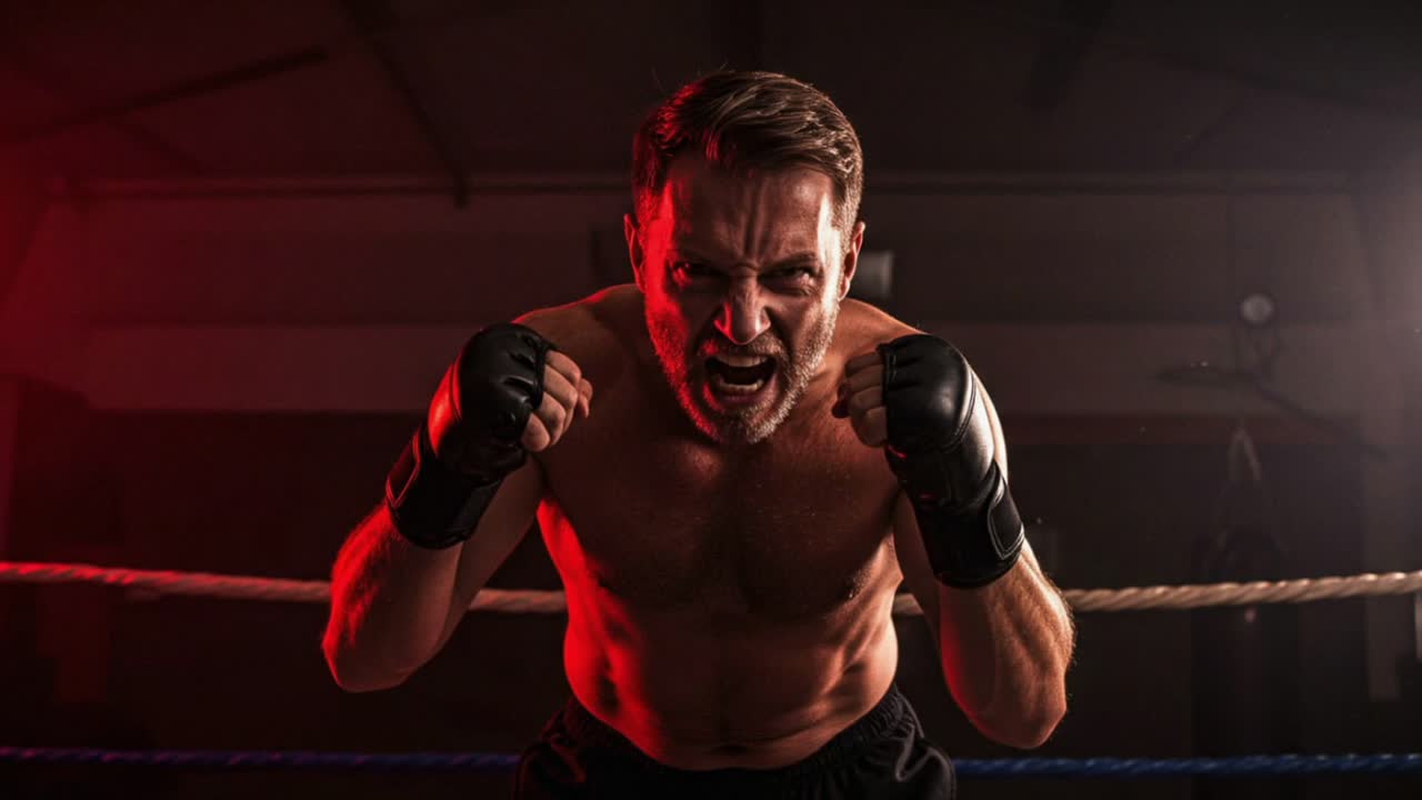 Boxer trains intensely in a gym, showcasing strength and determination during evening practice session