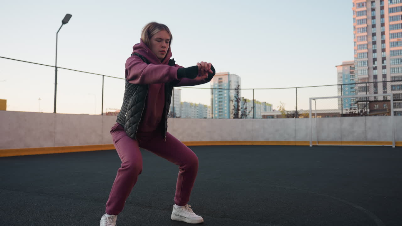 Strength trainer performing deep squat on round outdoor sports court asphalt surrounded by high rise buildings urban fitness environment wearing hoodie vest jogger pants and sneakers