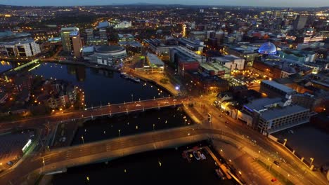 belfast, northern ireland, city centre aerial, dusk.