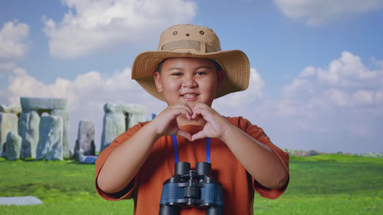 Asian Boy With A Hat And Binoculars Making Heart Shape Gesture While Traveling In Stonehenge. Boy Researcher Examines Something, Travel Tourism Adventure Concept, Close Up