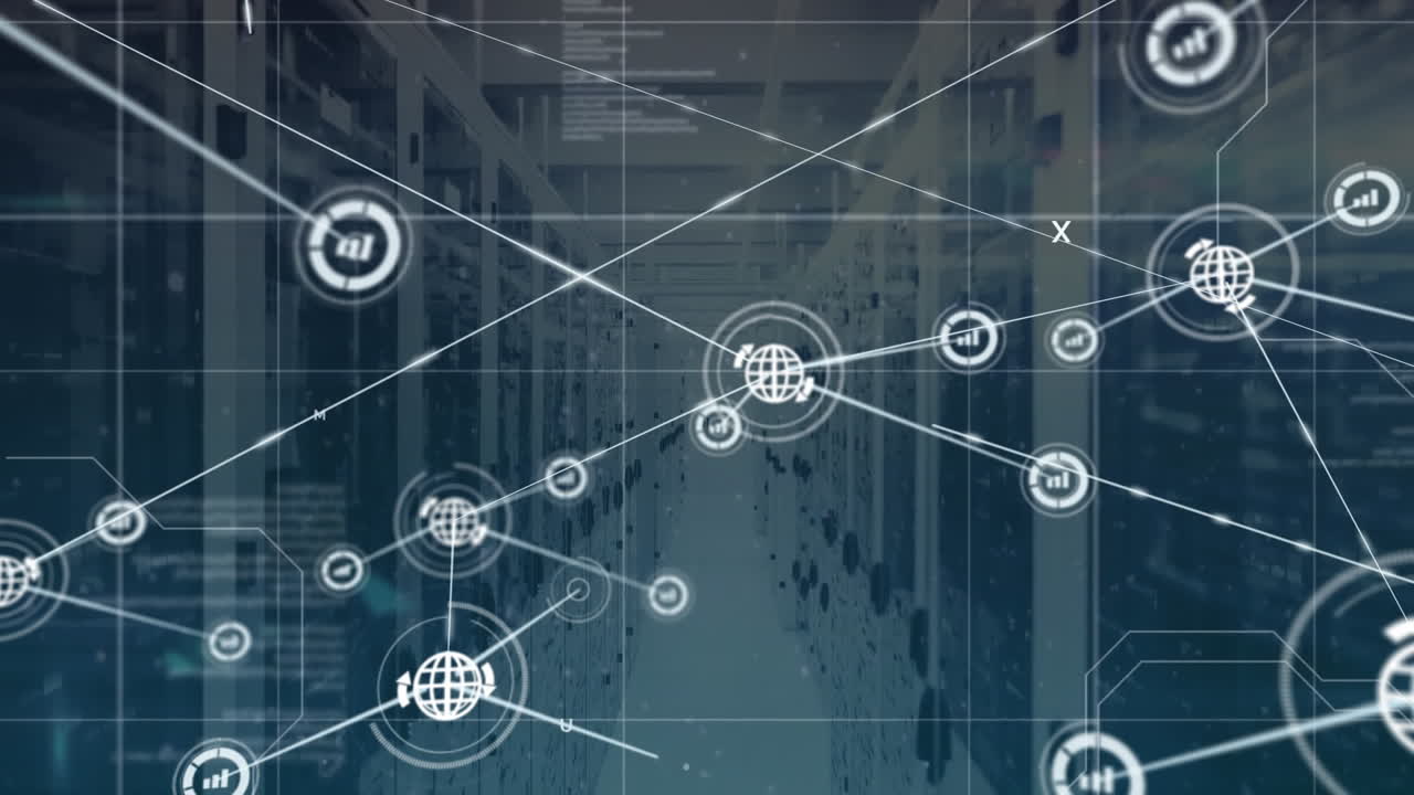 Animation of network of digital icons and interface with data processing against server room
