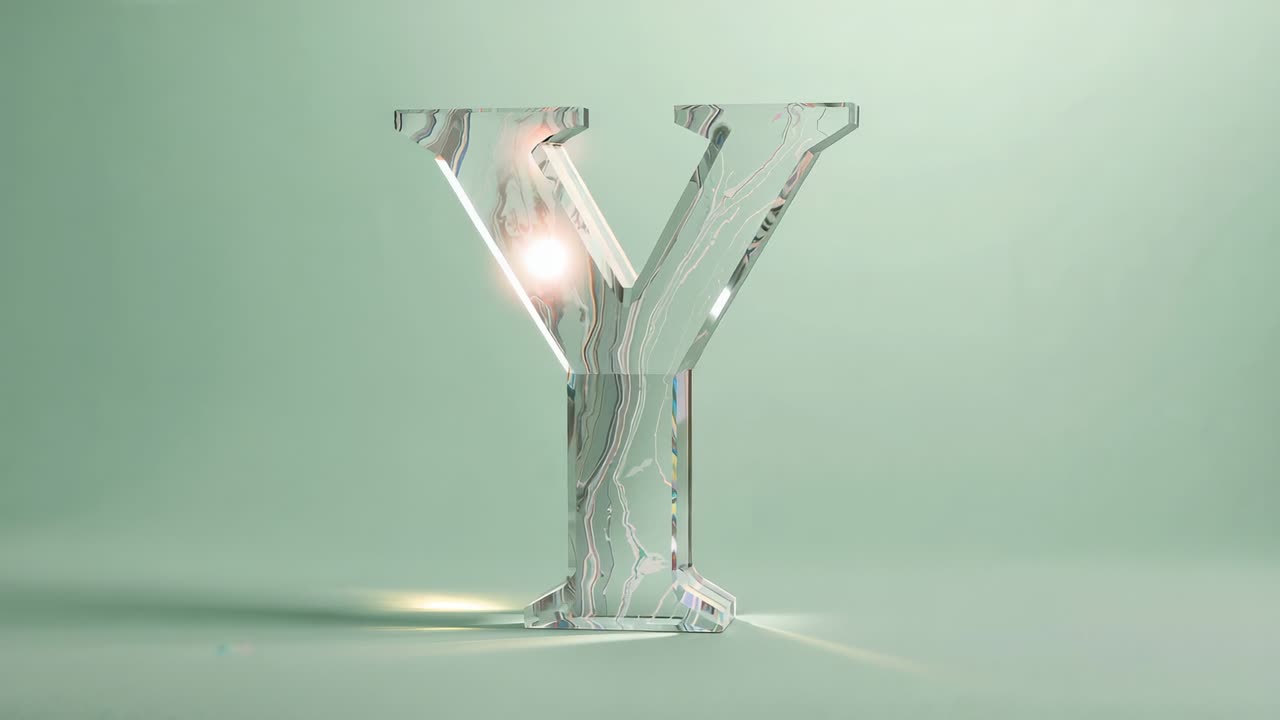 Glint appearing on translucent letter Y in green studio, moving along veins emphasizing glass