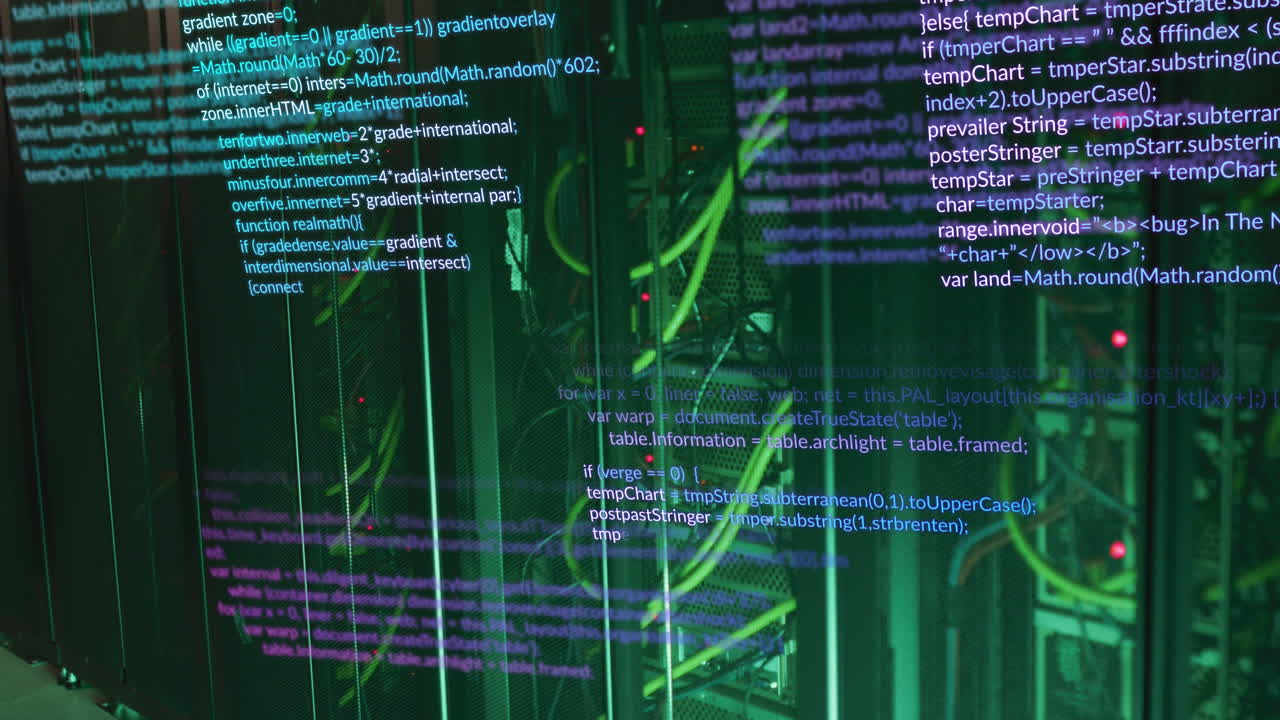 animación del procesamiento de datos contra la sala de servidores de computadoras