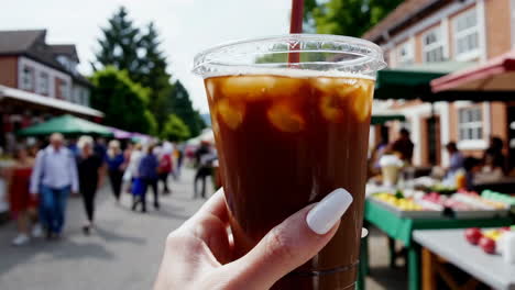 person holds an iced drink at a vibrant outdoor market