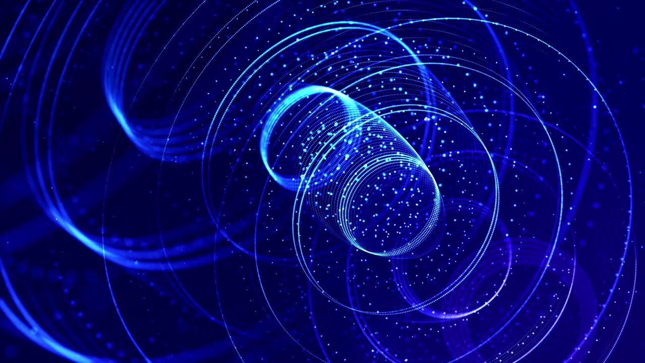 4k looped science fiction particle background with bokeh and light effects. Glow blue particles form lines, spheres, complex structures in smooth motion like in the microworld or space. 7