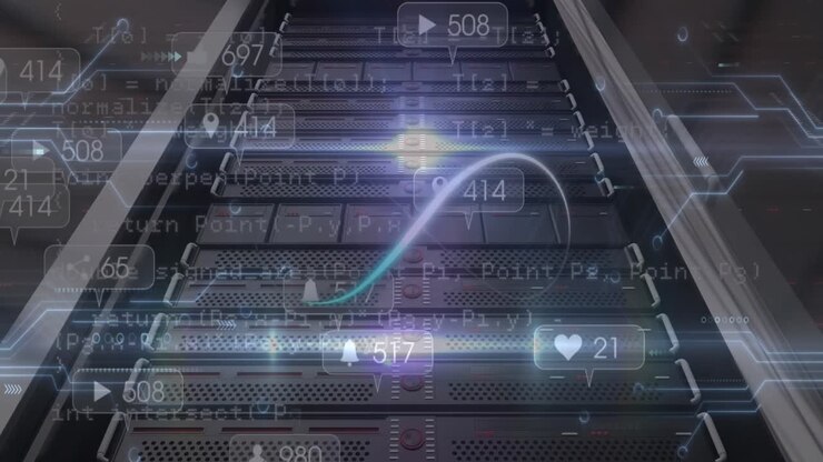 Animation of infinity loop over data processing and computer motherboard and servers