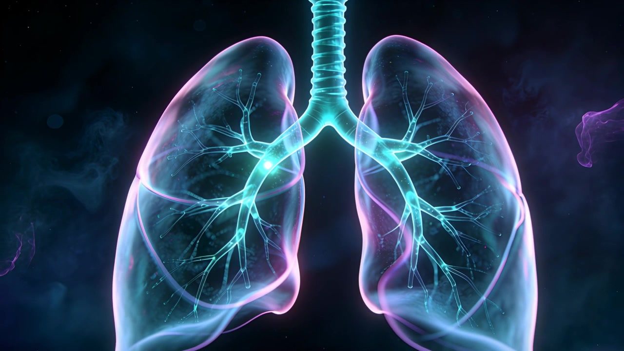 Animazione di polmoni e trachea che iniziano l'inspirazione nel vuoto, con particelle che scorrono nei bronchi e un nodo pulsante.
