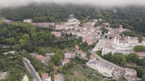 Aerial-of-idyllic-Sintra-town-on-a-foggy-day