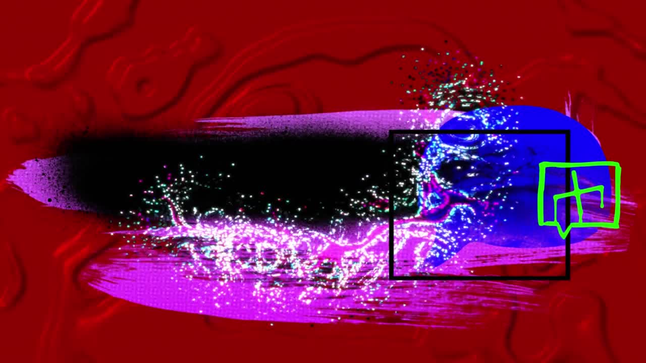 animación de formas rosadas y negras con discursos de burbujas sobre un fondo líquido rojo.