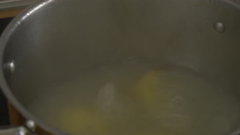 opening the lid of a pot of boiling potatoes