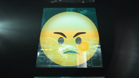 digital animation of angry face emoji over multiple screens with data processing on black background