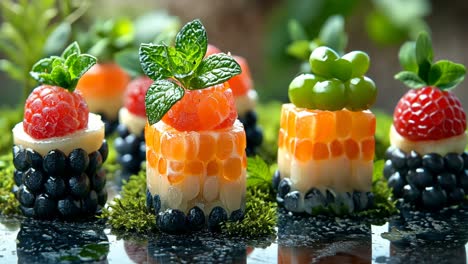 colorful dessert cups made with fresh fruits and garnishes