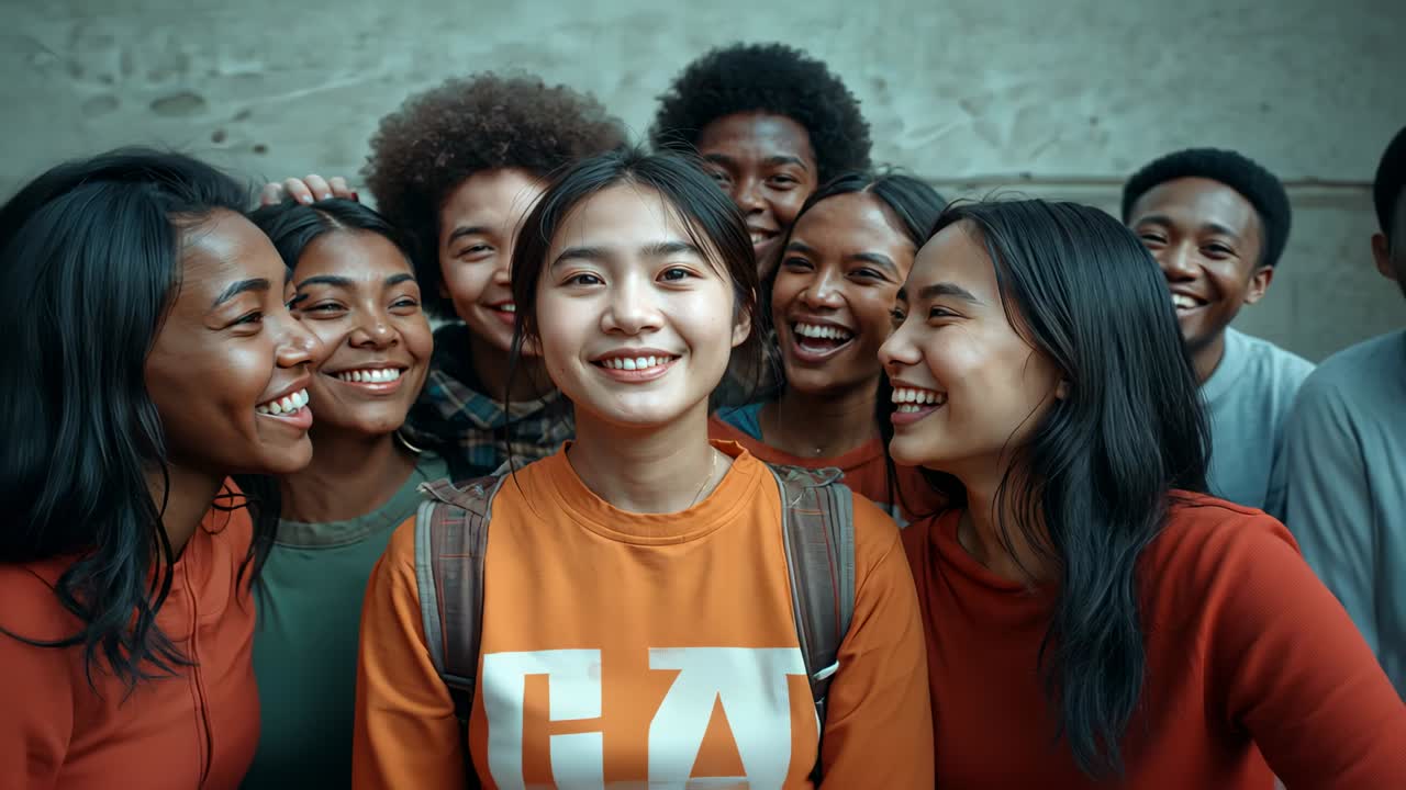 Camera clicking, woman in orange sweatshirt backpack leaning with peers for portrait by stone wall