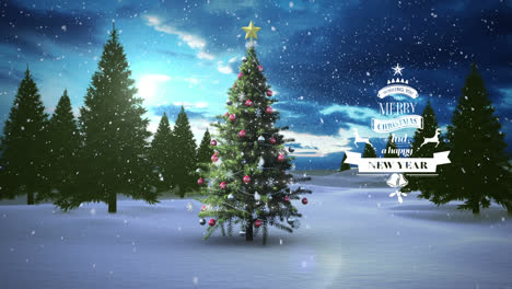 animation of christmas greetings over winter landscape background with christmas tree