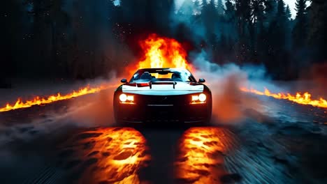 a car driving on a road in front of a fire