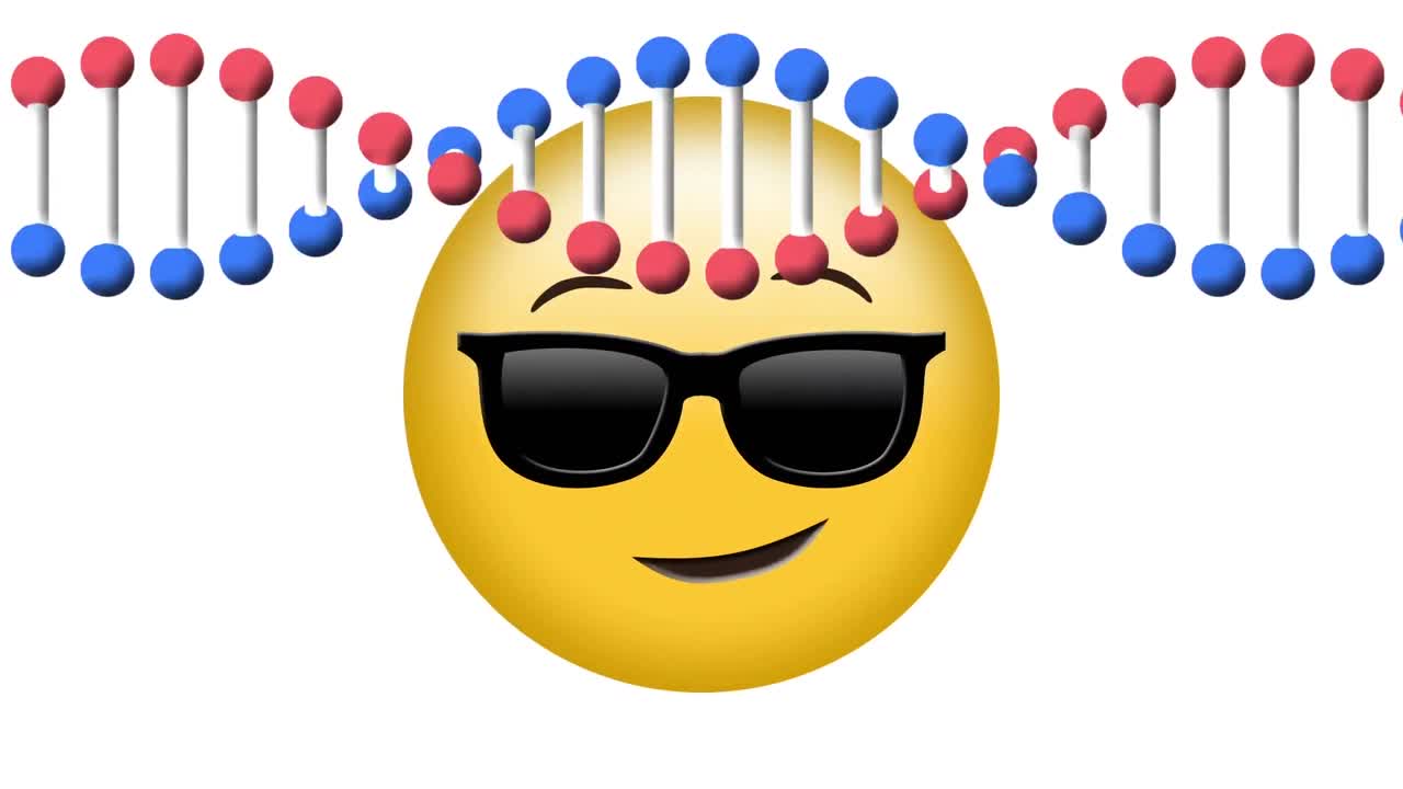 dna 가닥의 애니메이션,  ⁇ 색 배경에 선글라스를 가진 이모지 아이콘