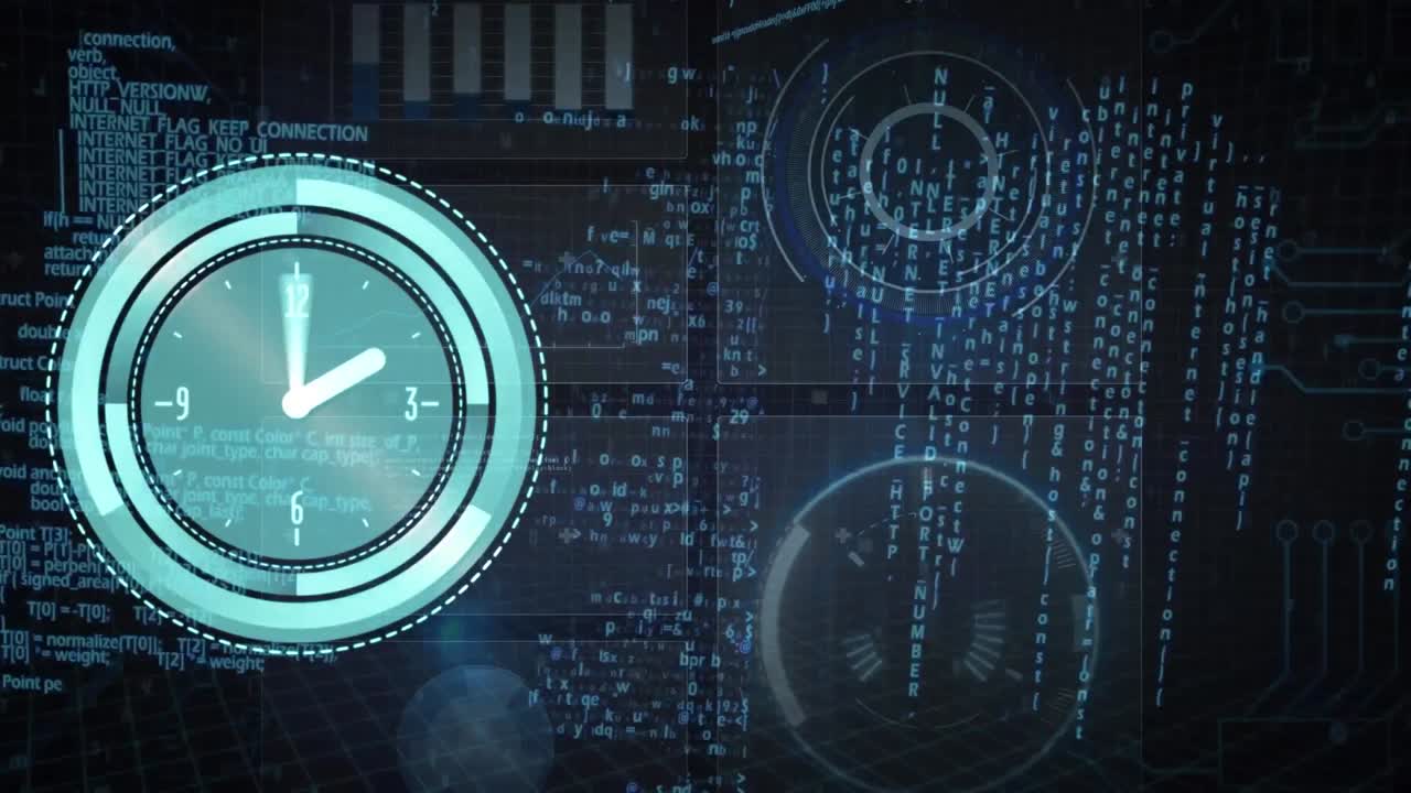Animation of clock and data processing on screen
