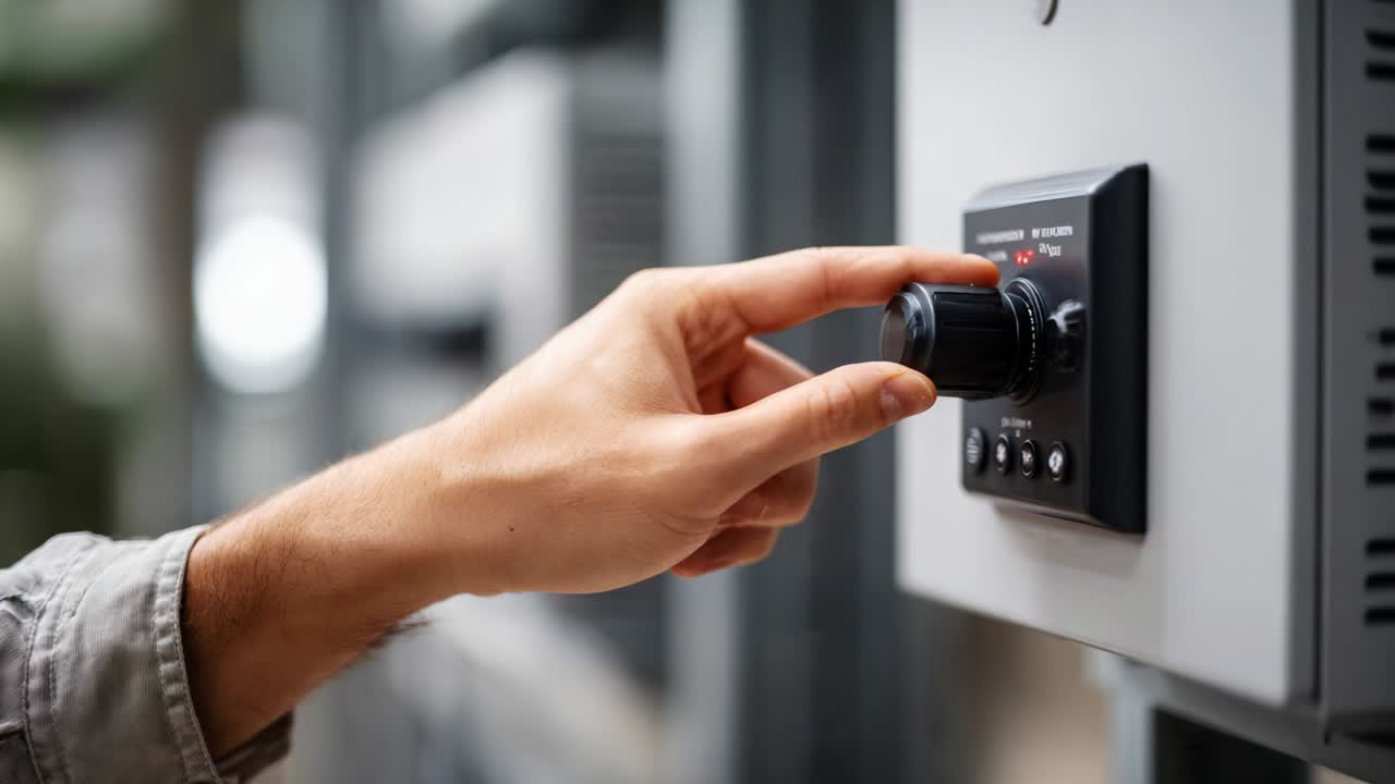 A close-up view of a hand adjusting a control knob on an electronic device, highlighting the precision and attention to detail in the operation of machinery or equipment in a modern, well-lit environment