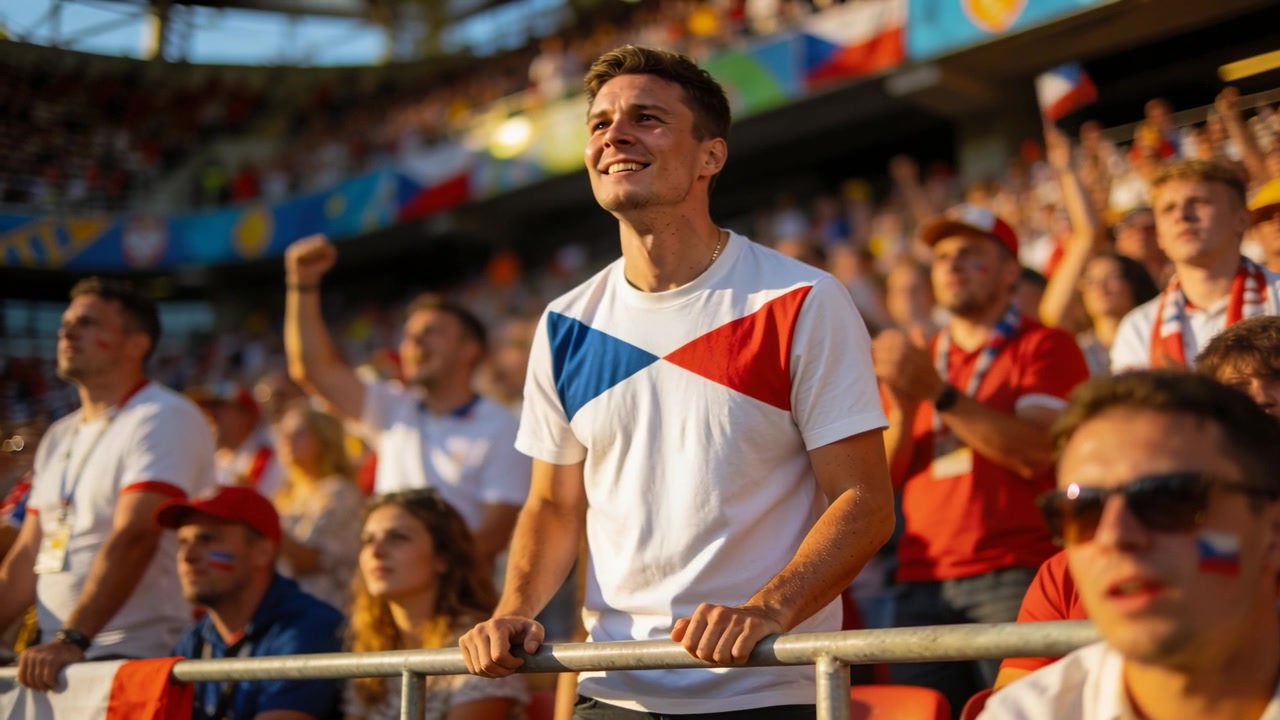 Aficionado gritando con camiseta blanca de diseño rojo y azul, agarrando la barandilla metálica tras un gol en las gradas
