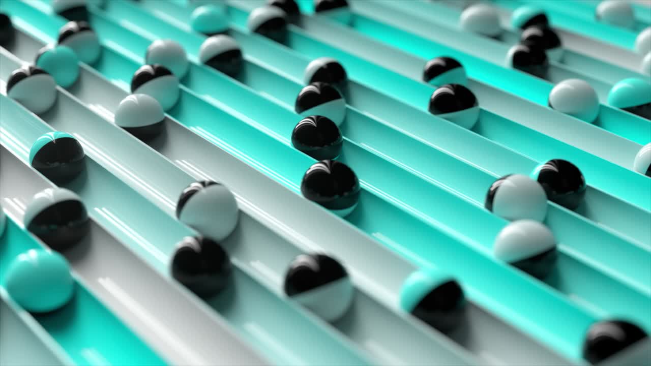 Bright colorful background with rolling balls along the paths. Minimalism and fashion concept. 3d animation of a seamless loop