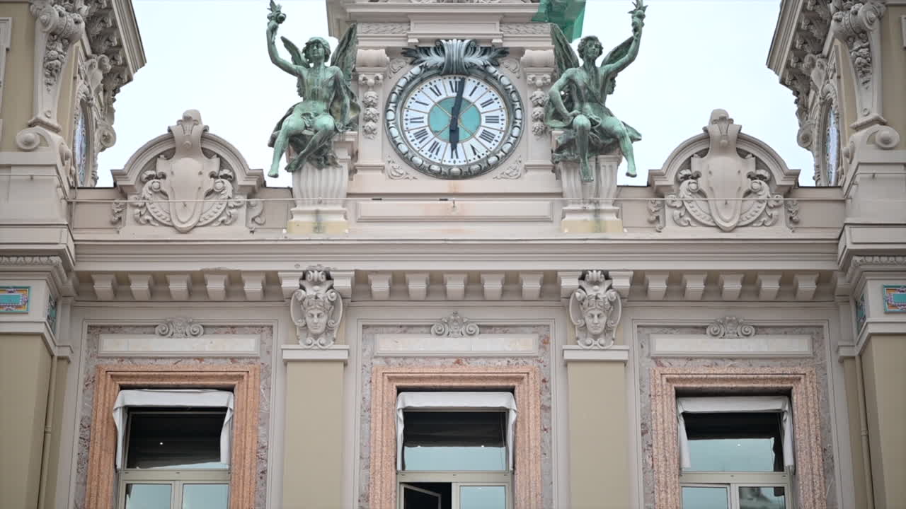 Casino of Monte Carlo building with big metallic lanterns in Monaco, close up view