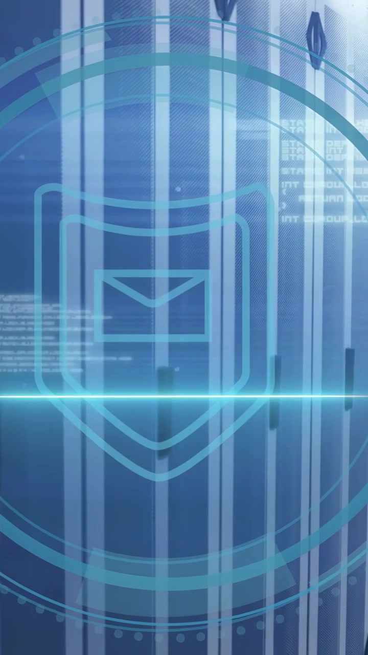 Vertical video: After cyber title fade, racks getting HUD while scan sweeping shield securing data