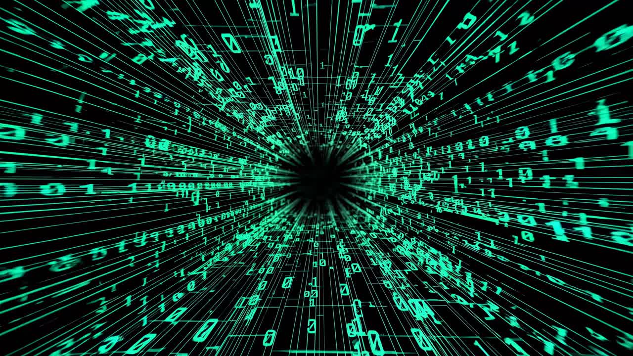 Futuristic video concept with a first-person view of glowing green binary code tunnel