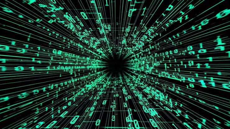 Futuristic video concept with a first-person view of glowing green binary code tunnel