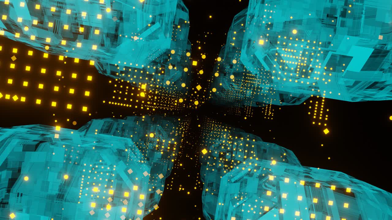 3d 빅데이터 디지털 푸른 녹색 큐브 사각형 터널과 미래의 노란색 매트릭스