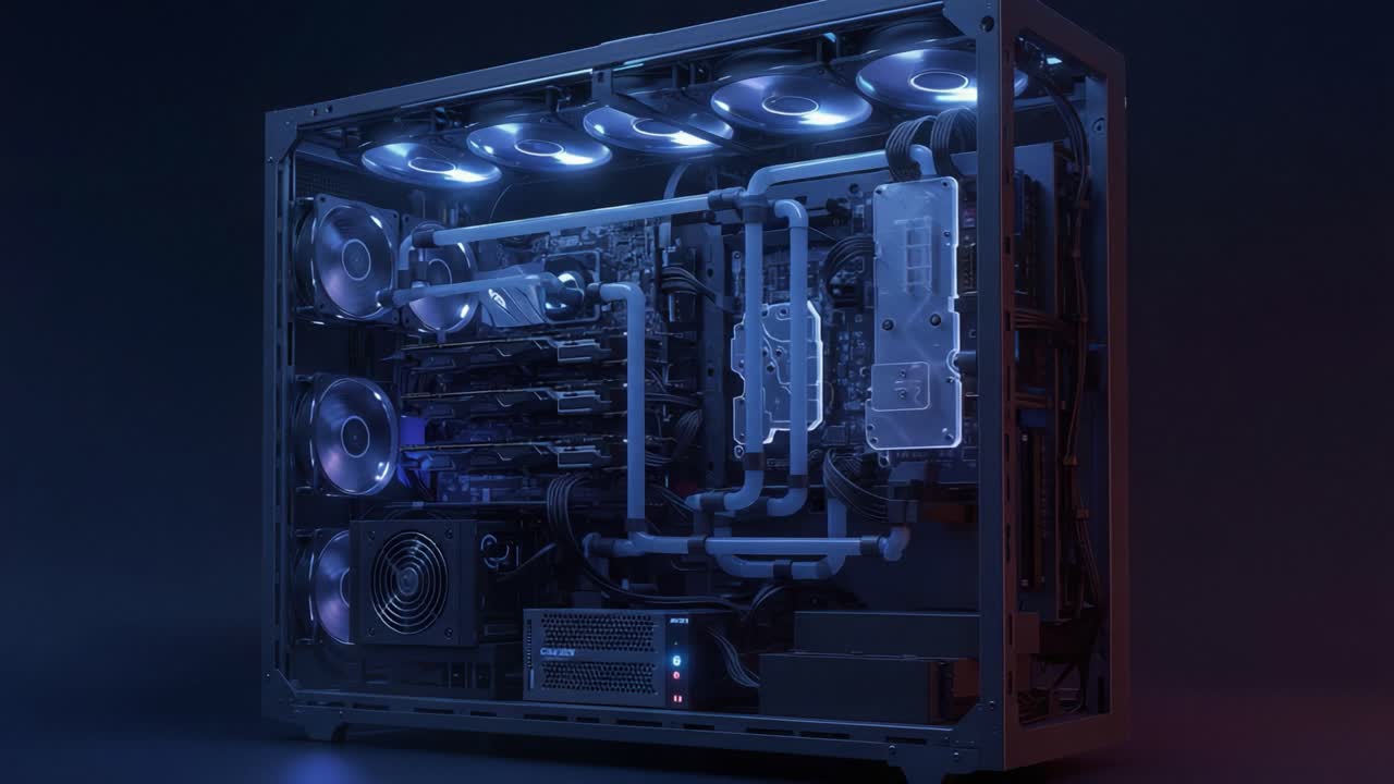 A Glimpse into Advanced Computing Technology: A Sleek and Futuristic Custom Water-Cooled PC Showcase with High-Performance Components and Stunning Aesthetic Lighting