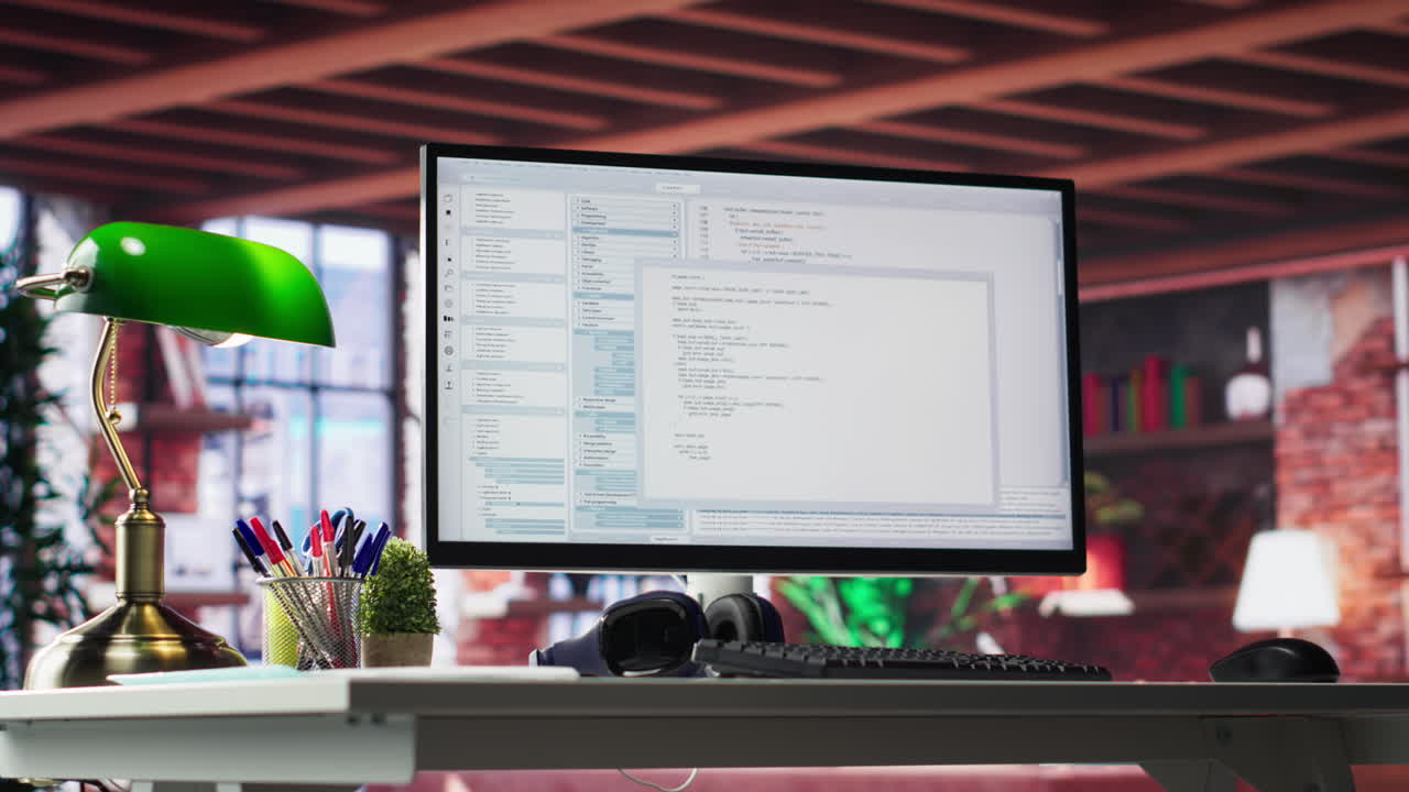 Vertical Video Organized desk ideal for writing binary code and analyzing data