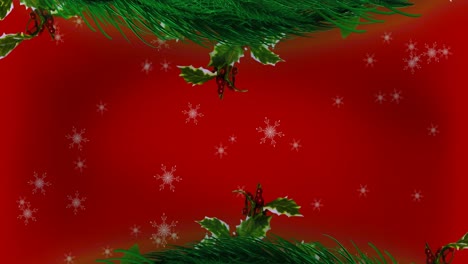 Weihnachtskranzdekoration-Und-Schneeflockensymbole,-Die-Vor-Rotem-Hintergrund-Fallen