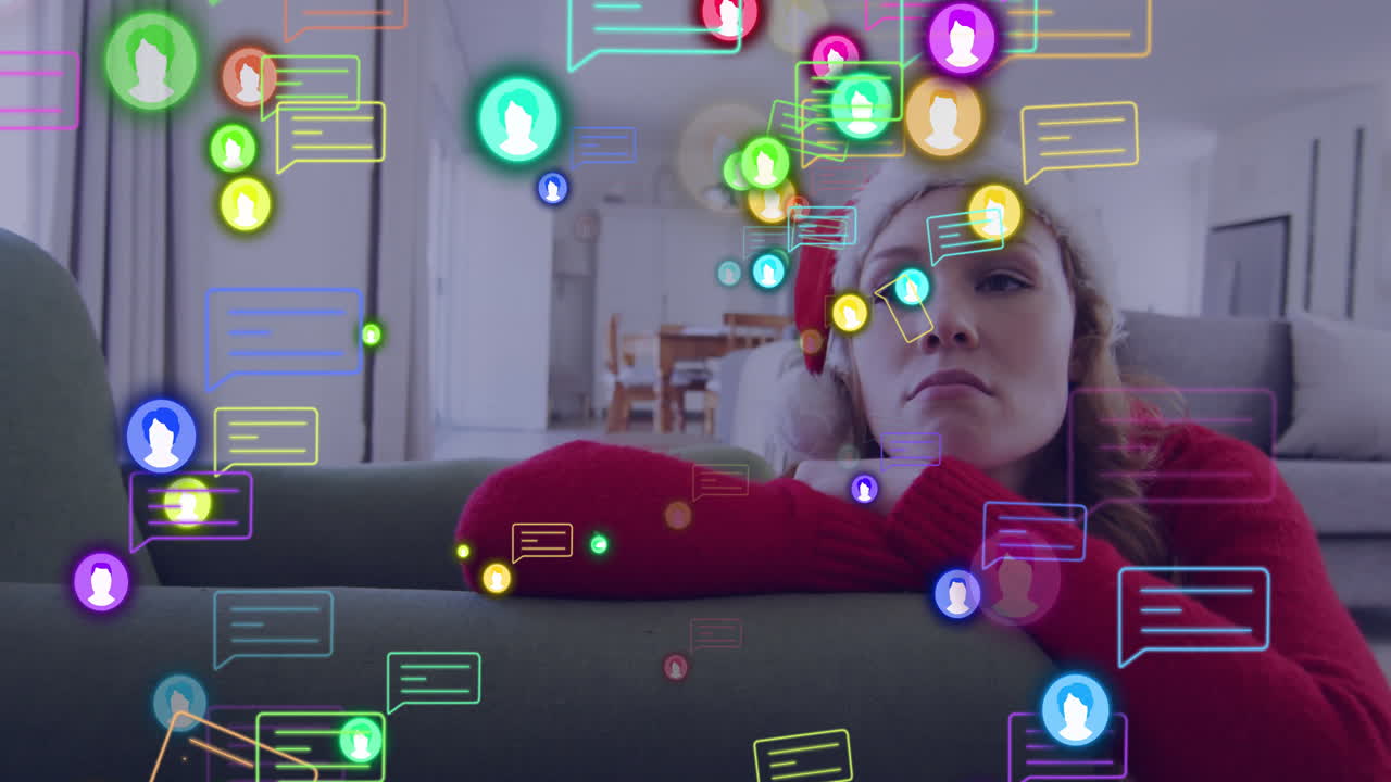 Woman in red sweater surrounded by colorful social media notification animations