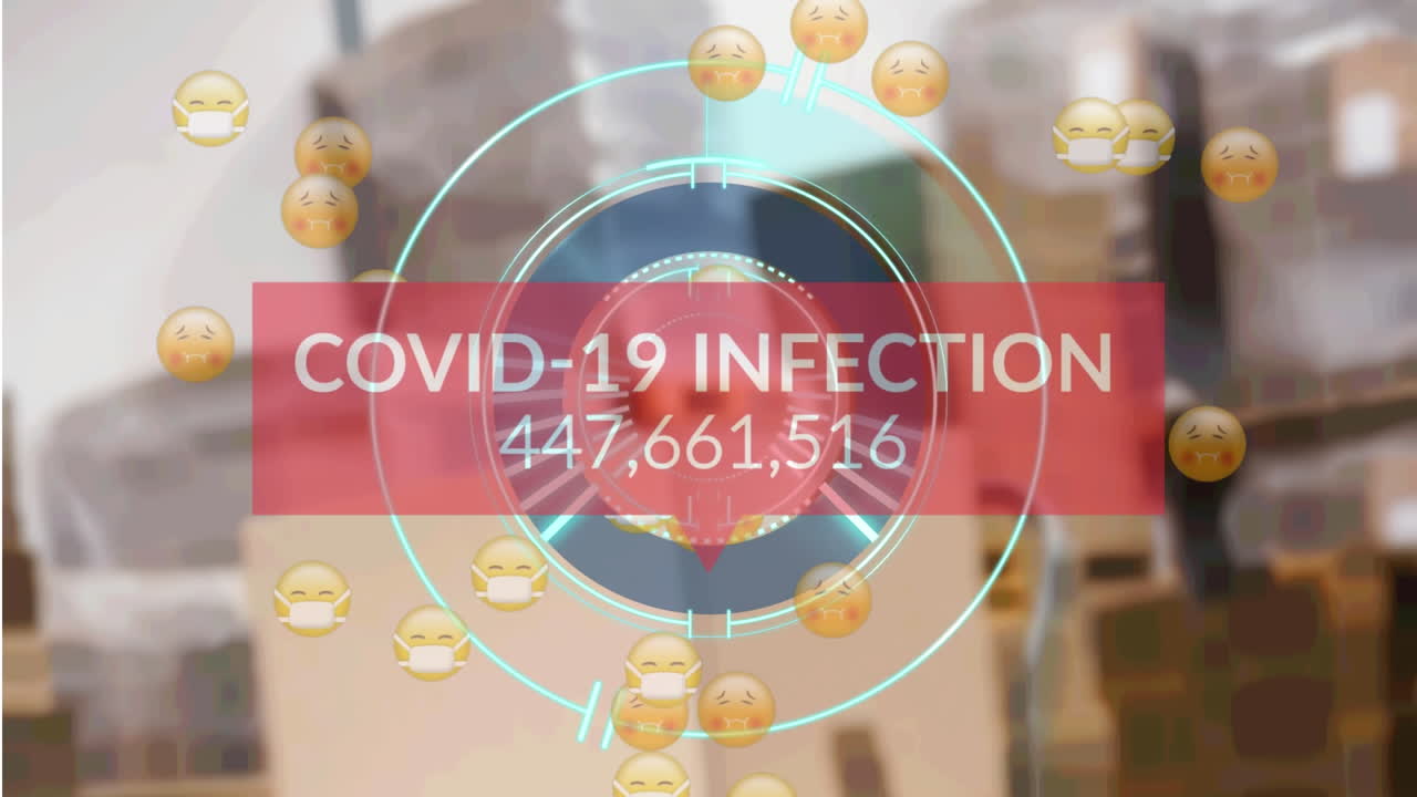 Animation of covid infection counter and sick emojis over packages in warehouse